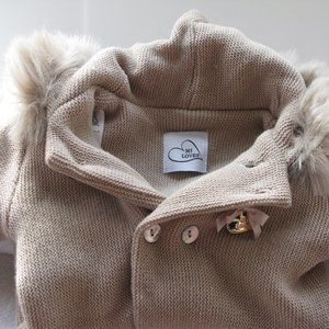 Barely Used Knitted Jumpsuit with hood and faux fur trim - up to 6 months old